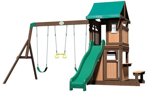Backyard Discovery Lakewood Spielturm aus Holz | XXL Spielhaus für Kinder mit Rutsche, Schaukel, Trapez & Picknicktisch | Stelzenhaus für den Garten