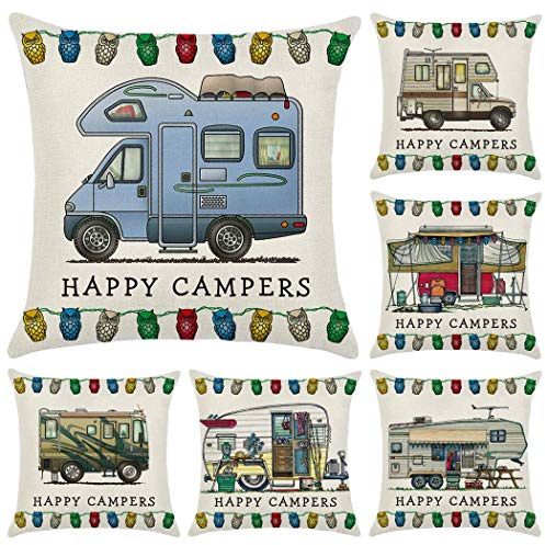 Hodeacc 6 Pcs Happy Campers Van Throw Pillow Covers Cushion Cover,Motorhome Pillowcases Travel Gift Home Decor 18 x 18 Inch/45 x 45cm,CASE ONLY