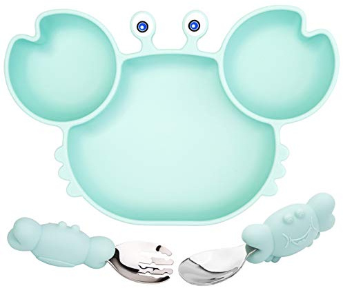 Linowos Assiette à ventouse en silicone pour tout-petits avec fourchette et cuillère – Assiette divisée pour l'auto-alimentation – Assiette et bol pour bébé et tout-petit