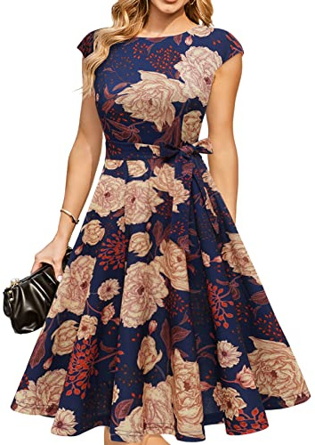 Dresstells vacker klänning för kvinnor, A-linje, swing, cocktail, vintageklänning, midi-lång, Maringul blomma, M
