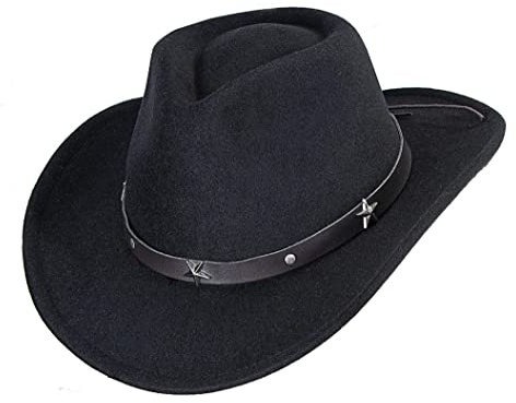 Chapeau de Cowgirl Noir pour Femme et Homme Style Occidental à Large Bord en Feutre Fedora Panama Chapeau avec Boucle de Ceinture Amovible, Noir et C, M