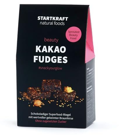 startkraft Kakao Fudges 125g, Rohkostriegel, 5 Riegel á 25g einzeln verpackt, veganer Snack aus gekeimter Braunhirse und Datteln, ohne Zuckerzusatz, glutenfrei