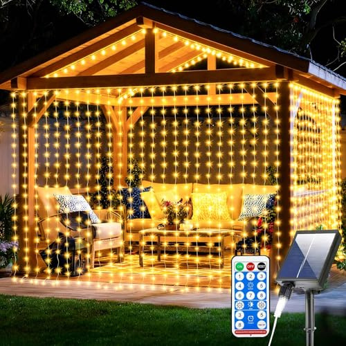 Joycome Solar Lichtervorhang Aussen, 3m x 3m 300 LED Lichterketten vorhang | Fernbedienung, 8 Modi Wasserdicht Solar Lichterkette Hängend für Garten Balkon Party Pavillon Terrassen Hochzeitsdeko
