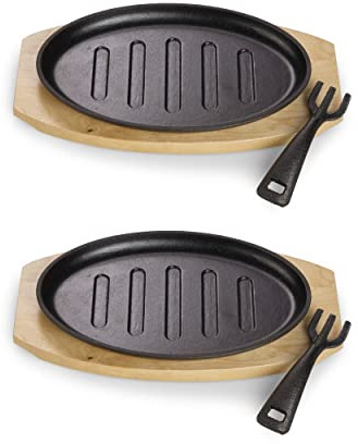 ECHTWERK Serveringspanna i gjutjärn set om 2, Liten grillpanna med serveringsbräda, Avtagbart handtag, Redan bakad, Lämplig för ugnar, grillar, BBQ och induktion, Ø 24 x 14 cm