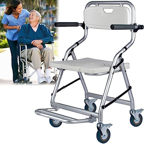 fikujap Duschstuhl mit Rollen Klappbar, Duschhocker für Senioren und Behinderte mit Gepolsterten Armlehnen und Rückenlehne, Duschsitz, Toilettenstuhl, Maximale Belastung 120 kg