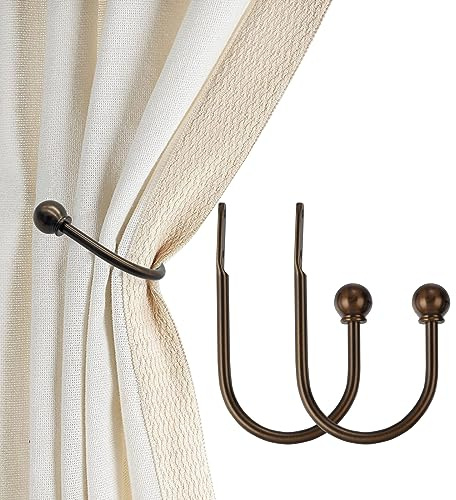 ARNORX Curtain Holdbacks, Hooks, 2 PCS，Solid Steel Hooks, Decorative French Ball End, Curtain Drapery Holdbacks, Wall Mounted, Curtain Tiebacks, Antique Bronze