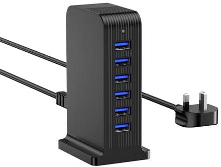 Qurzou 25W USB Charger, Multiport Mains Power Adaptor, USB Charging Station for iPhone, AirPods, iPad, Samsung Galaxy and More - Black (6 Ports)