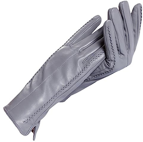 Weiße Damen-Lederhandschuhe, Echtes Leder, Baumwollfutter, Warme Winter-Lederhandschuhe, 25 cm Gray 8.5