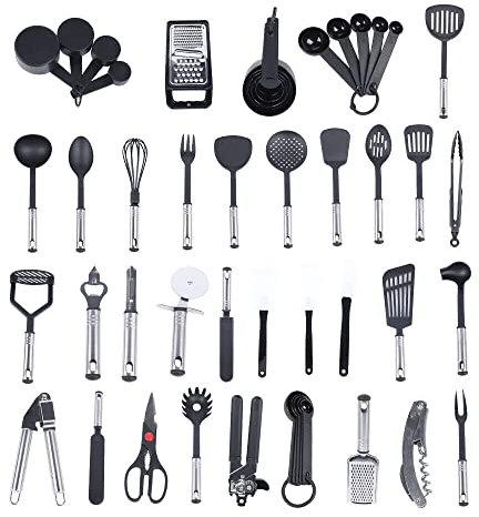 Juego de 40 utensilios de cocina de acero inoxidable, 40 piezas, juego de utensilios de cocina, con agujero para colgar, accesorios de cocina