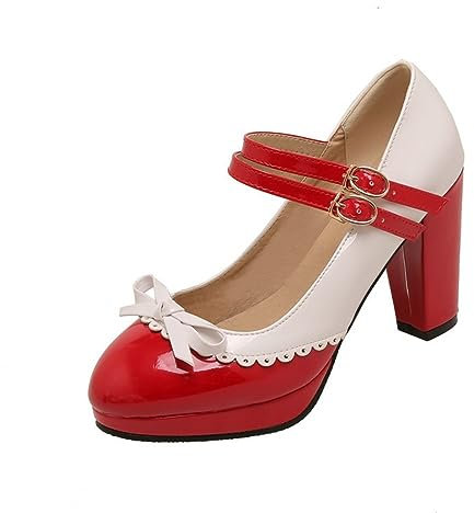 MOLIMI Damen Knöchelriemen Rockabilly Pump Mary Janes mit Schleife Retro Round Toe Schuh Oxford Plateauschuhe,40,Red