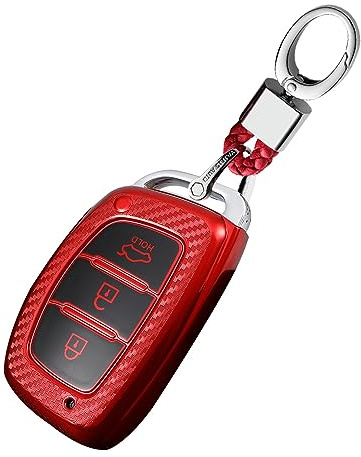 KUNIO Keyless Schlüsselhülle Passt für Hyundai Kona i10 i30 i20 ioniq Hybrid Tucson Santa Fe ix35 Mistra TPU Kohlefaser Schlüsselschutz Autoschlüssel Hülle Schlüsselring 3 Tasten A Rot