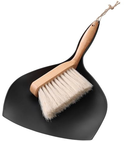 Navaris Kehrset aus Holz und Kunststoff - Mini Kehrschaufel Set - Handbesen mit Schaufel - Kleiner Besen - Tischkehrset Kehrwisch klein - Retro Stil Handfeger Weiss schwarz