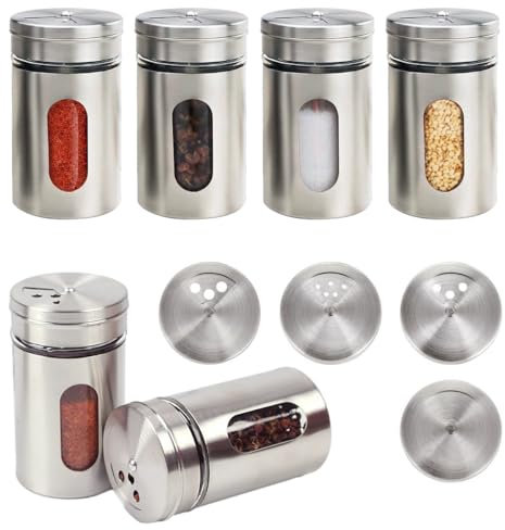 TESSTSY 6 pezzi Barattoli Contenitori per Spezie in Acciaio Inossidabile, Contenitori Spezie per Cucina, Contenitori per Vasetti Porta Spezie Con 3 Tipi di Fori Dosatori per Sale, Pepe, Spezie (90 ml)