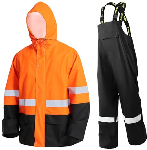 Regenanzug Herren Warnschutz Wasserdicht - PU Regenjacke & Latzhose | Regenbekleidung mit 360° Reflektoren. Ideal für Baustelle, Landwirtschaft, Outdoor