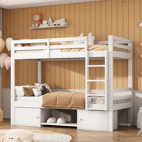 Merax Etagenbett Hochbett 90x200cm mit Schließfächer und Schuhregale, Kinderbett mit Rausfallschutz und Leiter, 2 Lattenrost, Hausbett mit Stauraum, umwandelbares Bett, Jugendbett, Einzelbett, Weiß