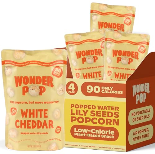 WonderPop White Cheddar – Popped Water Lily Seeds (4-Pack) | Savory, 6g Protein, 90 Calorie, Gluten-Free, Non-GMO | High-Protein Crunchy Snack | 2.11oz Bags