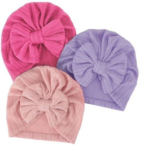 DRESHOW Neugeborenen Babymütze Weiche Dehnbare Baby Turban Mütze mit Schleife Säugling Mädchen Jungen Mütze Kindergarten Krankenhaus Mütze Beanie für Neugeborene Baby Kleinkinder 3 Stück