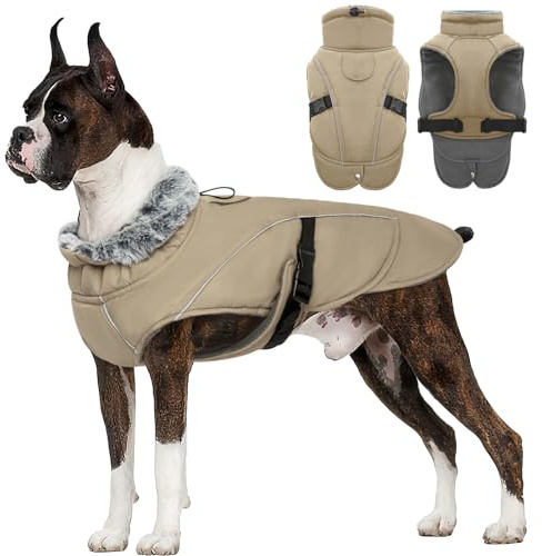 Hundejacke Wasserdicht, Hundemantel Fleece Gefüttert Warme Hundeweste Winterjacke Hunde Bekleidung Winddichter mit Reflexstreifen für Winter(Khaki, 3XL)