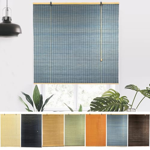 NIANXINN Indoor Bamboo Roller Blinds,Retro Roman Blinds,Natural Wooden Window Decorative Curtain,95% Blackout Roller Blinds,Sunscreen Privacy,Custom,Width x Height (120cm x 110cm,Blue)