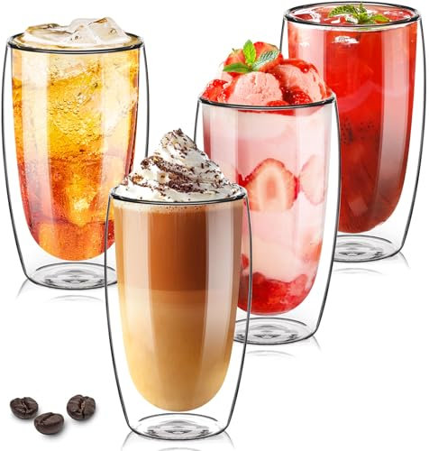TKNO Set of 4 450ml Double Walled Tall Coffee Glasses Mugs Cups, for Coffee Tea Milk Juice Ice Cream Dessert Borosilicate Heat Resistant Large Glass Cups, Microwave Safe, Ideal for Hot and Cold Drinks