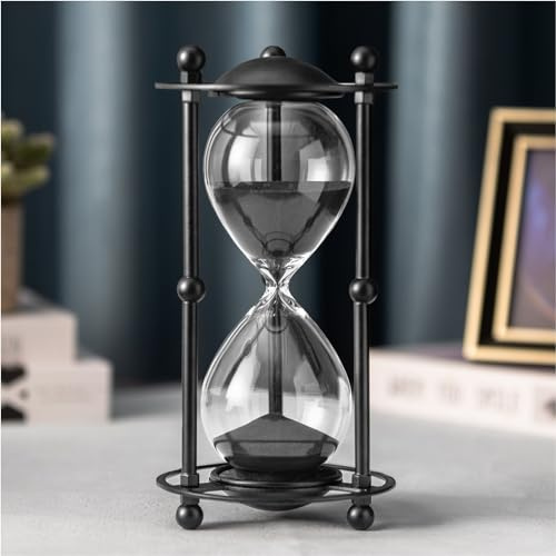 ELAINESTORE Hourglass Timer 30 Minute, Black Metal Frame Decorative Sand Timer (Black Sand, Medium Size)