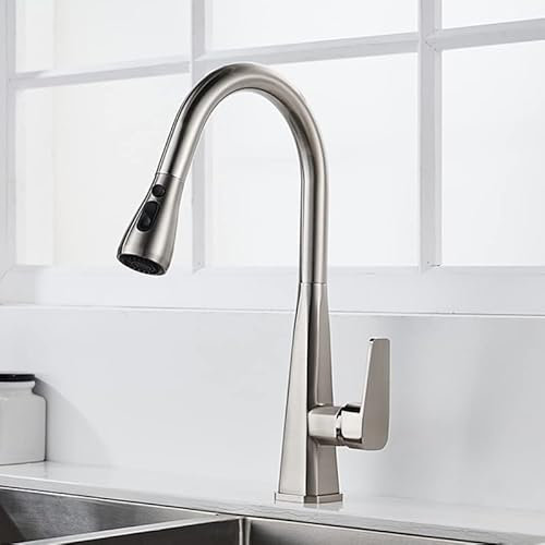 WGNHWJAYT Küchenspüle-Wasserhähne mit ausziehbarer Brause, 2 Ausläufe, ausziehbare Küchenspüle, Einhebel-Spüle-Wasserhahn mit ausziehbarer Brause, gemischter Warm- und Kaltwasserhahn, Gold(Brushed)