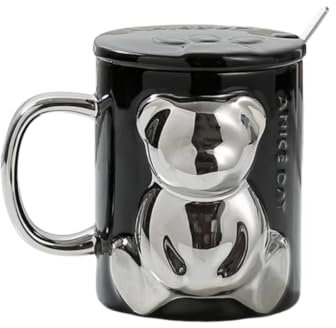 Tasse à café en céramique 3D - 400 ml - Avec couvercle et cuillère - Tasse à thé pour femme - Cadeau de Noël - Pour la maison - Vacances (noir)