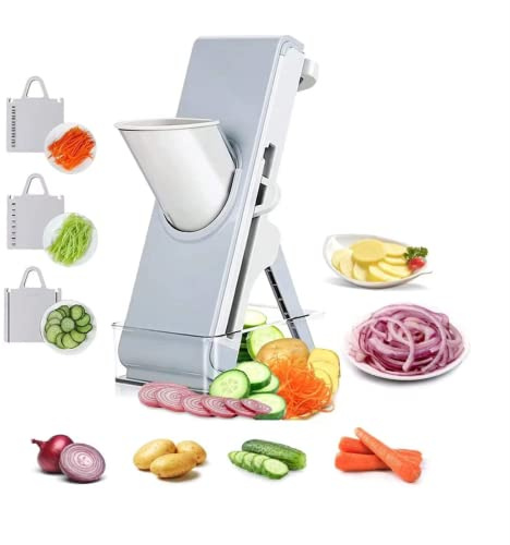 Artefacto para picar, cortador de verduras para cortar comida congelada o salchichas, cortador de verduras, mandolina segura con contenedor, ajustador de espesor, cuchillas múltiples (gris)