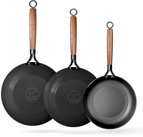 YUTANN Juego de Sartenes de Hierro Fundido Pre-sazonadas, Set de 3 Piezas, Apta para Inducción, Gas y Horno, Antiadherente Natural, Cocina Profesional