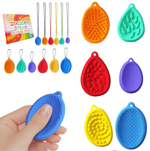 Echehi 6 pezzi Fidget Toys per Bambini e Adulti, 10 Diversi Tattili e Visivi per Alleviare L'ansia, Pietra Sensoriale in Silicone con Fori per un Facile Trasporto