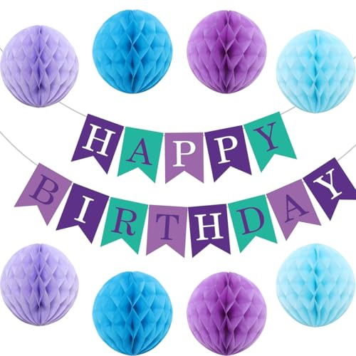 YINcrinx Blau lila Party Dekorationen, Happy Birthday Banner, blau lila Wabenbälle, Geburtstag party Dekorationen, Baby Shower, Hochzeit, Karneval Party Dekorationen
