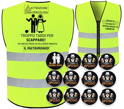 MKISHINE 14pz Set Addio al Celibato Gadget– Gilet Riflettente Sposo + 1 Spilla Sposo + 12 Spille Amico dello Sposo – Idea Regalo Divertente per Futuro Sposo Costume Addio al Celibato Uomo