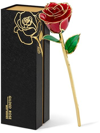 Mikasol Real 24K Gold Dipped Realistic Rose – Timeless Lifelike Bloom with Heart Puzzle Base – Romantic Red Flower Gift for Her, Wife, Girlfriend, Mom – Birthday, Anniversary, Mother’s Day (Red)