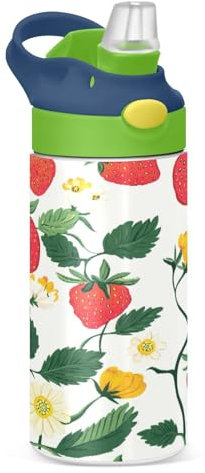 JUMBEAR Delicious Strawberries Bouteille d'eau pour enfants de 350 ml, bouteille d'eau de sport isotherme avec couvercle à paille, bouteille d'eau en acier inoxydable pour garçons et filles