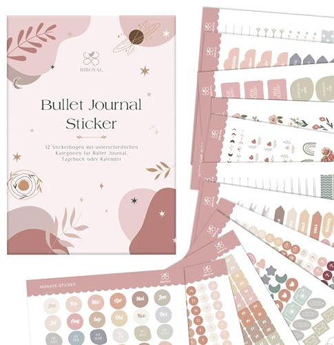 BIROYAL Bullet Journal Sticker Set, 12 Blätter/1000 Aufkleber, Kalender Stickers, Aesthetic Planner Stickers, Sticker Set, Kalender Aufkleber für Bullet Journal, Tagebuch & Planner
