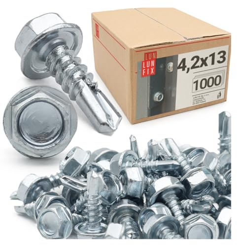 1000 pezzi viti autoperforanti 4,2 x 13 mm con testa esagonale DIN 7504K in acciaio zincato con punta per lamiera trapezoidale e lamiere metalliche
