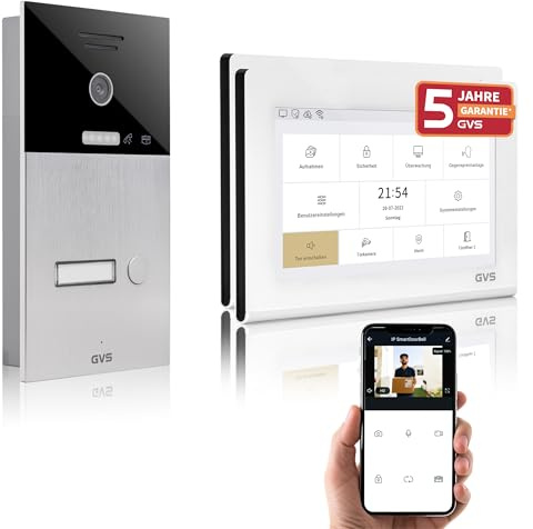 GVS IP Video Türsprechanlage mit Türöffner, 2X 7 Zoll Monitore & App | Smarte Video Türklingel mit Kamera und Monitor & App - Gegensprechanlage für 1 Familienhaus (AVS1338U)