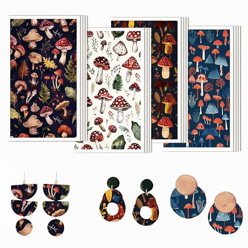 craspire 20 Stück 4 Stile Polymer Ton Transferblätter Unterglasur Transferpapier 4,7 x 2,8 Zoll Frühlingspilz Farne Muster Wasserdesigns Abziehbilder Für Die Schmuckherstellung Ohrringe Anhänger DIY