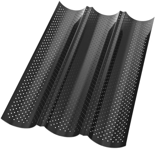 Kievano Baguette Backform aus Karbonstahl mit Antihaftbeschichtung – Perforiertes Baguette-Backblech für 3 Baguettes – Gleichmäßige Hitze, Knusprige Kruste – Brot Backen Zubehör – Schwarz – 38×23 cm