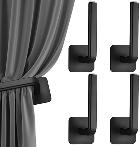 Self Adhesive Curtain Tie Backs, 4 PCS Black Stick On Curtain Holdbacks, Stylish L Shaped Curtain Holdbacks, No Drill Required for Bathroom Bedroom Kitchen, 13x6cm Plastic Hooks