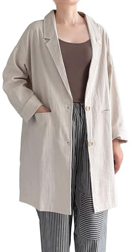 Minibee Women's Blazer Lightweight Jackets Cotton Linen Long Sleeve Shirts Casual Blouses Jacket with Pockets Nature Large