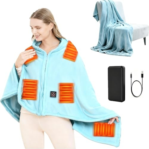 Coperta elettrica USB con batteria da 10000 mAh, 150 x 80 cm, senza fili, 3 livelli di temperatura, flanella singola, Electric Blanket Shawl, coperta termica per ufficio, pausa pranzo, viaggi