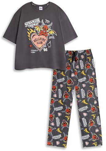 Stranger Things Hellfire Club Womens Black Short Sleeve Long Leg Pyjama Set | Graphic Tee & Cartoon Bottoms | Sleepwear for Fans of the Series Merch - Large