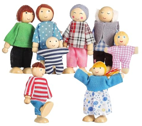 Mihauuke Famille De Maison De Poupées | 8 Pièces Personnages Maison Miniature en Bois,Poupées Articulées Jeu d'Imitation pour d'Âge Préscolaire Maternelle École Tout-Petits Garçons Filles