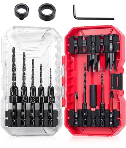 ColumPRO 15PCS Countersink Drill Bit Set for Woodworking, High-Speed Steel Tapered Drill Bits with Plug Cutter, Depth Stop Collar, Quick Change 1/4 Hex Shank for Pilot Hole & Screw Countersinking
