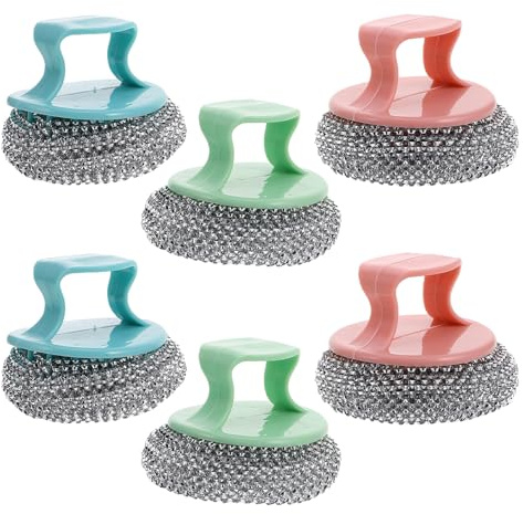 BIUDECO Juego de 6 Estropajos de Acero Inoxidable Mango Desmontable Ergonómico Esponjas Metálicas para Limpieza de Ollas y Sartenes Antiadherentes Resistentes y Duraderas para Cocina