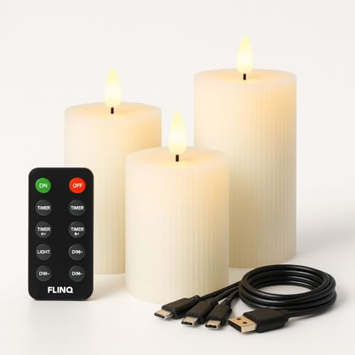 FLINQ Wiederaufladbare LED-Kerzen - 3 Stück - Ribbed Design | Lebendige Flamme - Fernbedienung mit Timer und Dimmfunktion - Echtwachs Stumpenkerzen