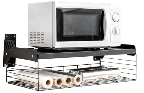 SUNNYNEST Wall Mounted Microwave Oven Rack with Storage Basket Heavy Duty Metal Microwave Shelf Organizer Kitchen Countertop Rack for Spice Jars Wraps Foil Microwave Stand for Small Appliances