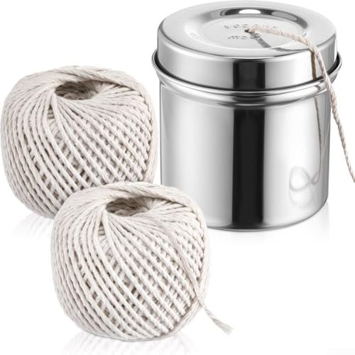 Stainless Steel Twine Holder, Multi-Purpose 2 Rolls 65m Cotton Cooking String for Kitchen, 8 cm Compact Dispenser for Roasts Herbs