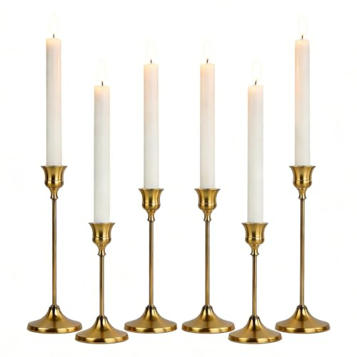 AUMAYCO Kerzenständer Messing Gold 6 Set, Vintage Metall Goldene Kerzenhalter, Elegante Dekorativer Hoch Stabkerzenhalter für Tischdekoration Hochzeit, Esstisch, Wohnkultur